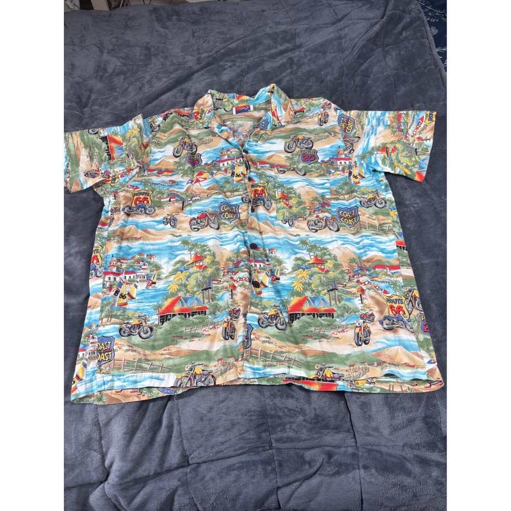 VTG Dem Crazy Mens XL Route 66 Motorcycle Scenic‎ Print Camp Shirt Multicolor